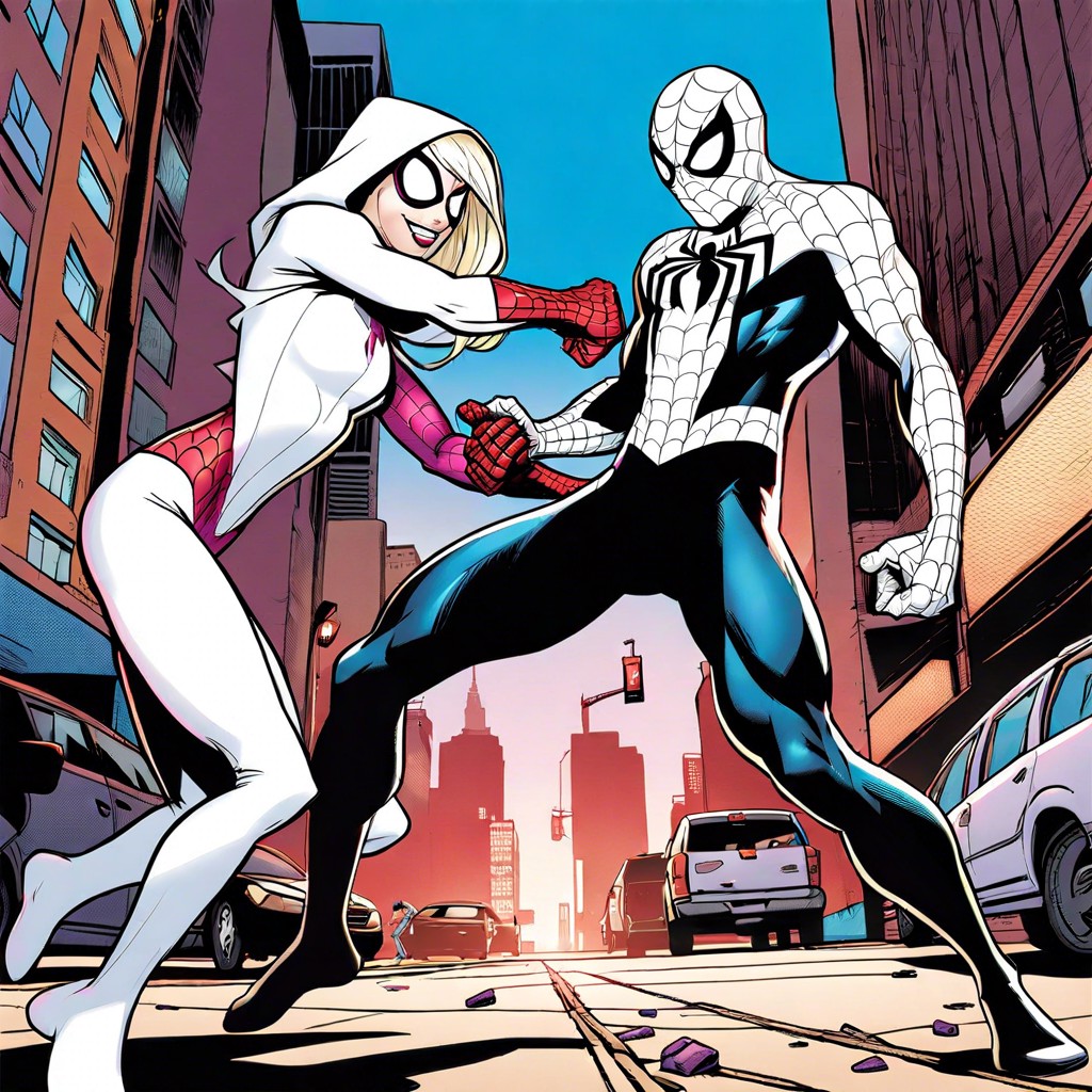 spider gwen and spider man teaming up against a group of thugs