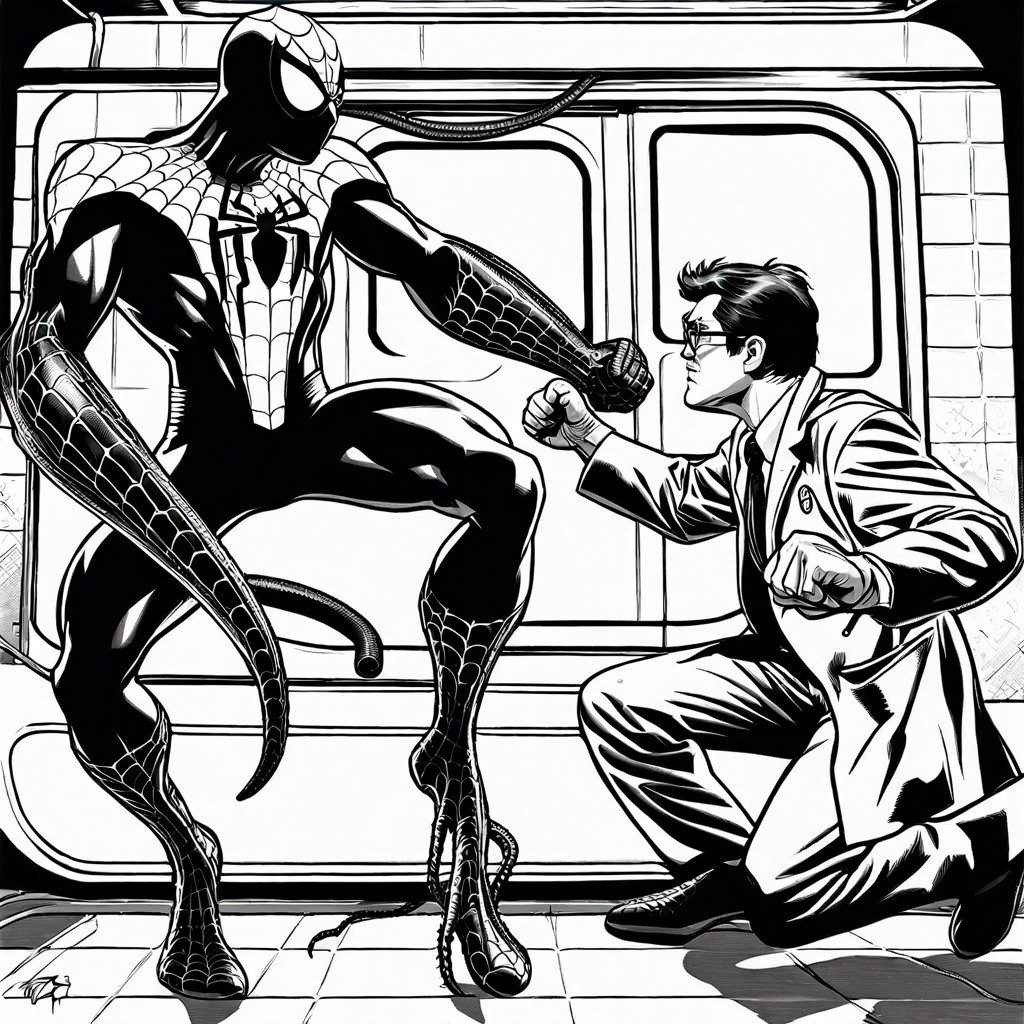 spider man and doctor octopus in a heated battle across subway tunnels