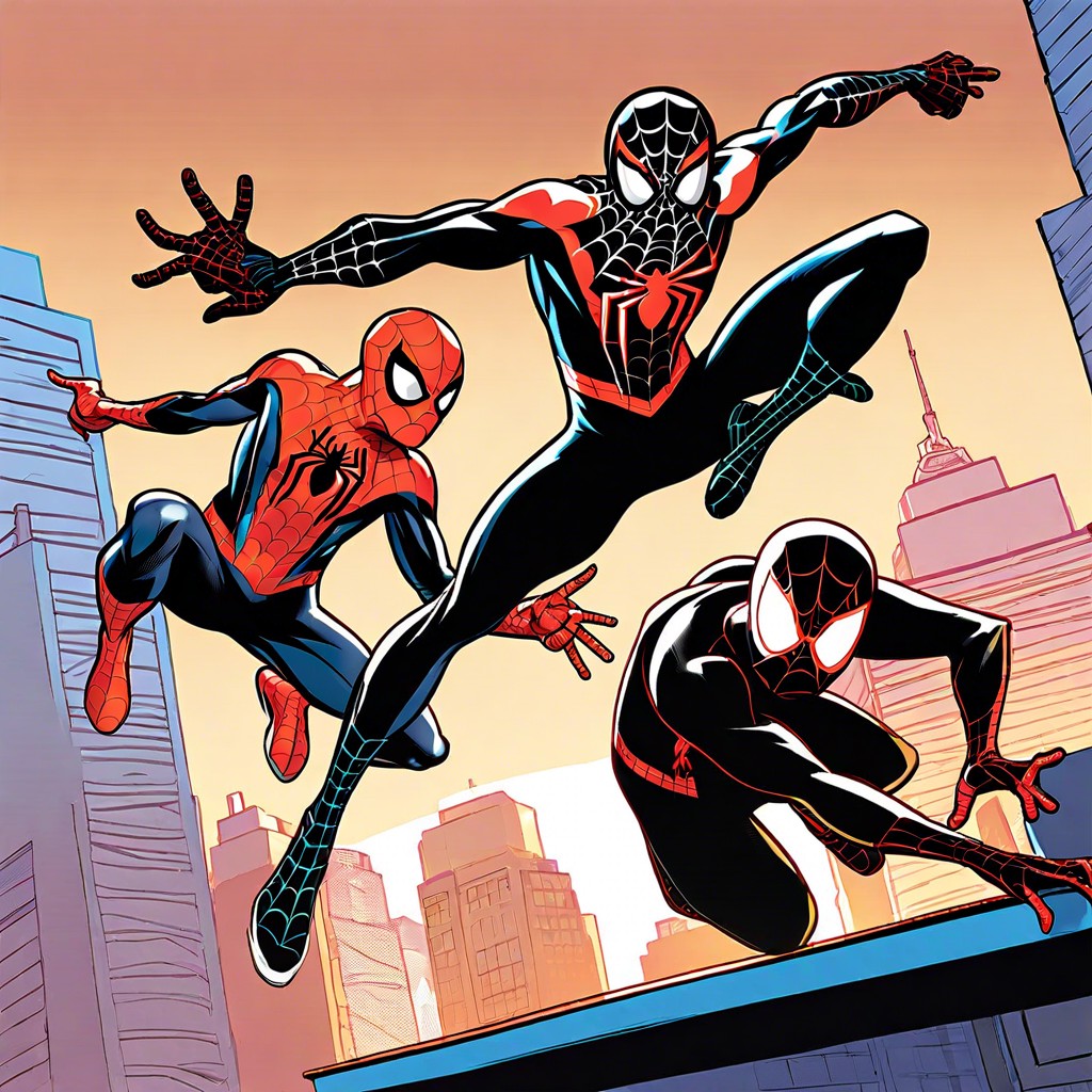 spider man and miles morales racing across rooftops
