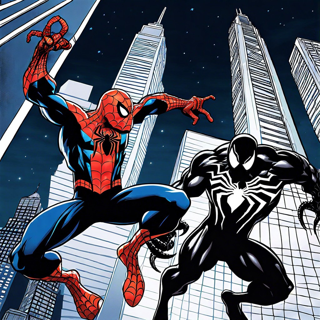 spider man battling venom on top of a skyscraper