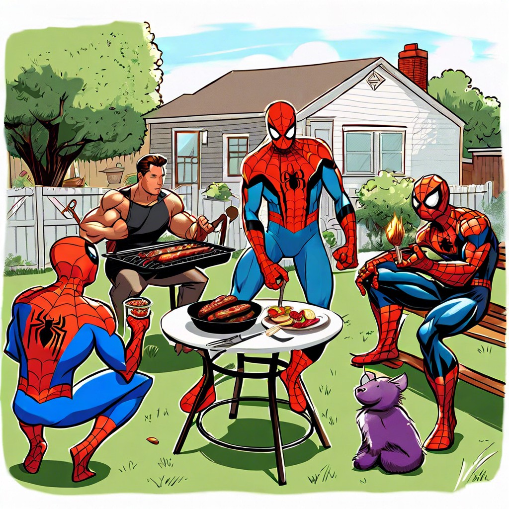 spider man hanging out with the avengers at a casual bbq