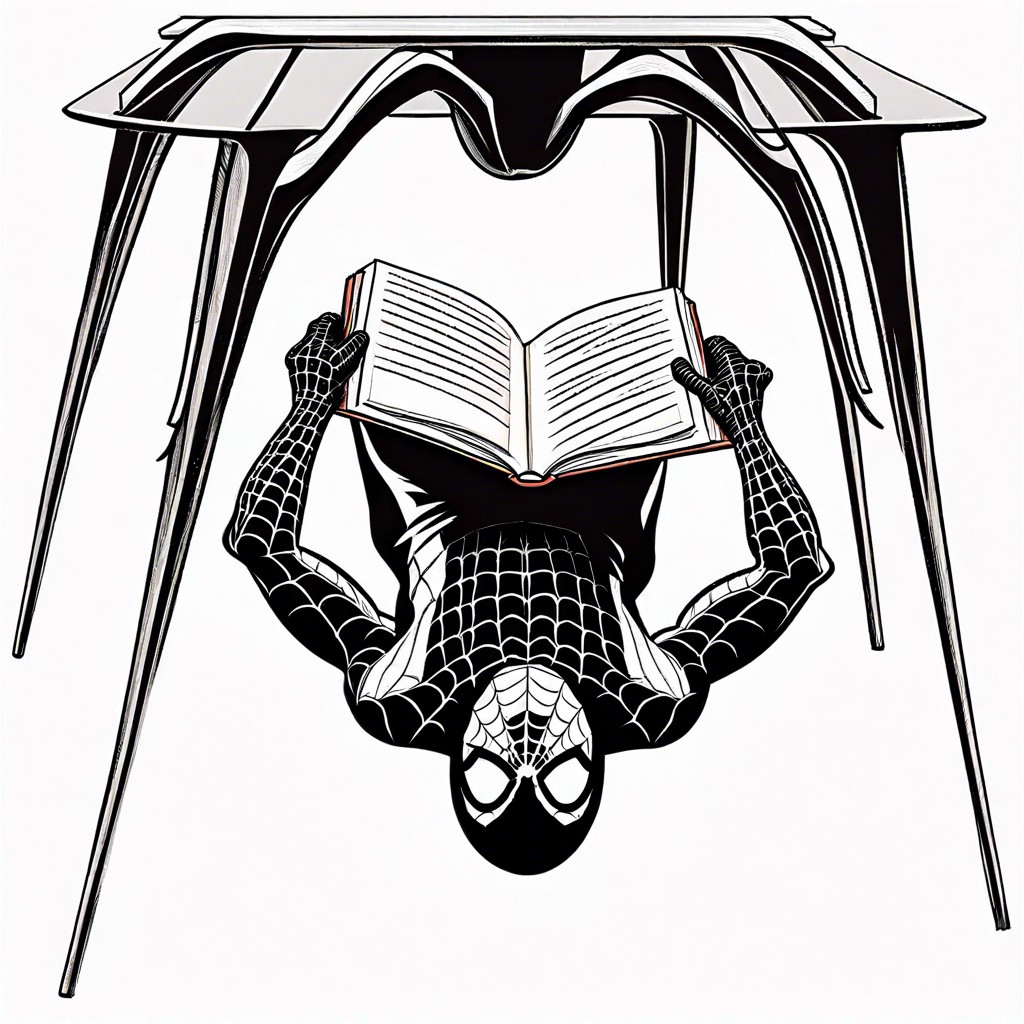 spider man hanging upside down reading a book