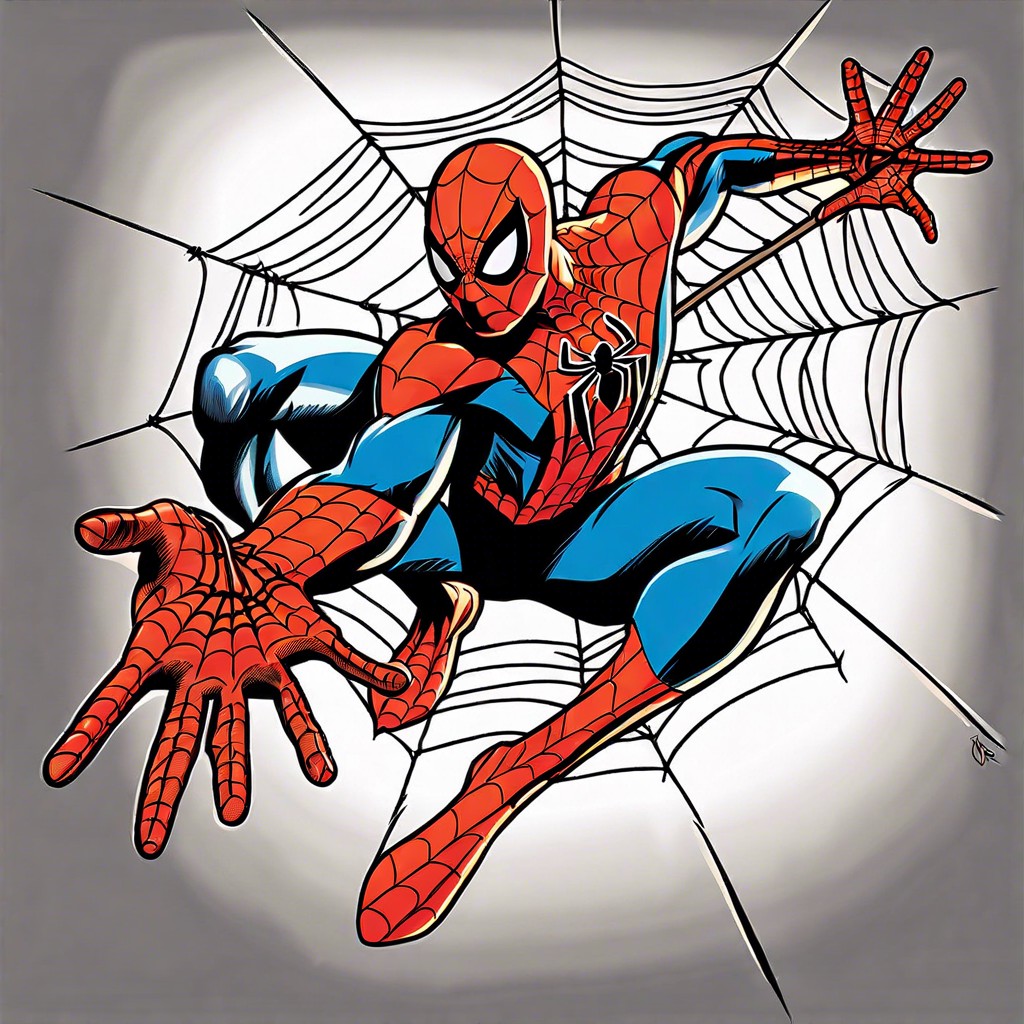 spider man in a classic pose shooting a web at the viewer