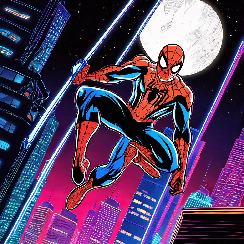 spider man swinging through a futuristic cityscape