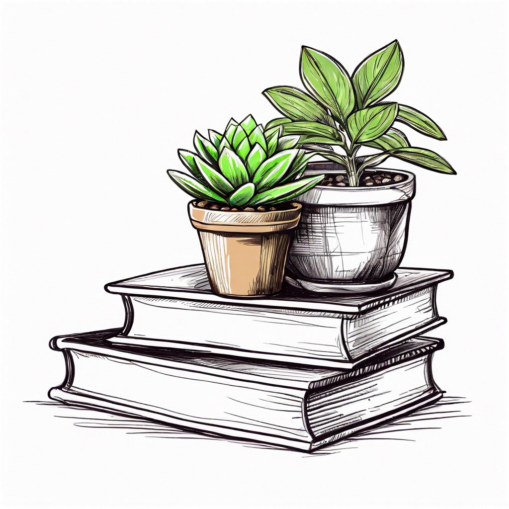 stack of books with a plant