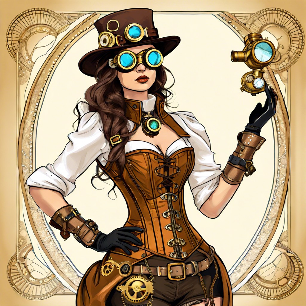 steampunk explorer with brass goggles and corset