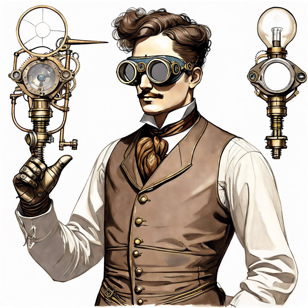 steampunk inventor with aviator goggles and mechanical limbs