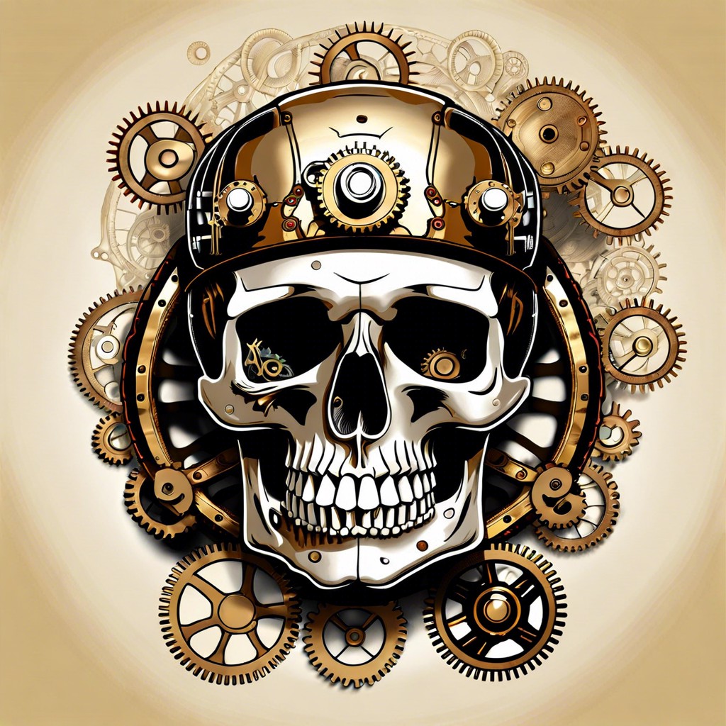 steampunk skull with gears and steam coming from the mouth