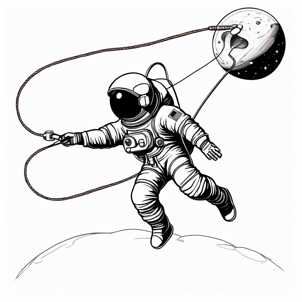 stick figure astronaut floating with a tether line