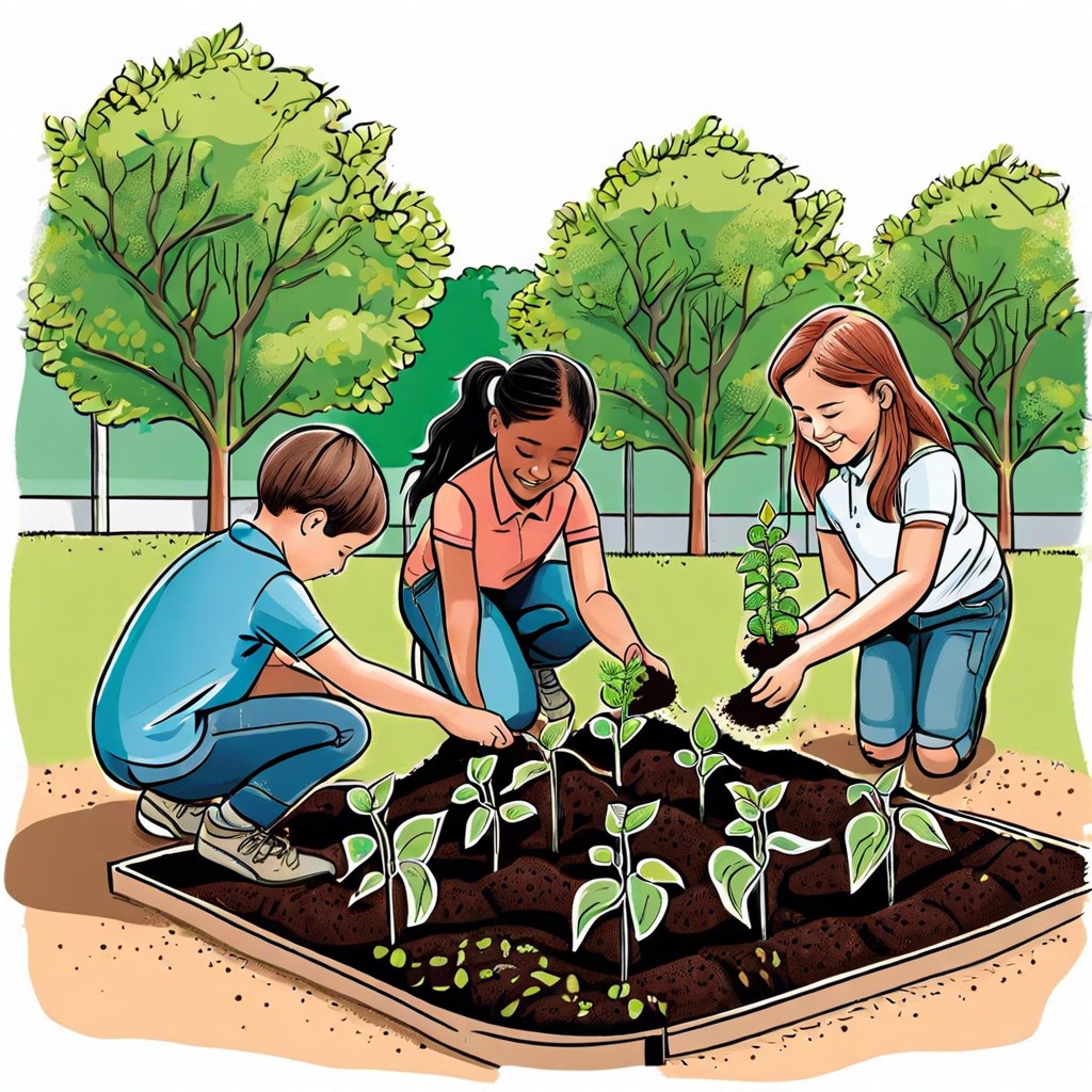 students planting a garden with plants that have educational facts on them