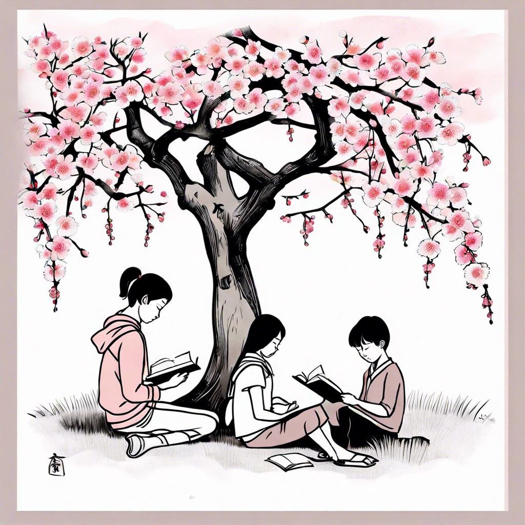 students under a cherry blossom tree reading books