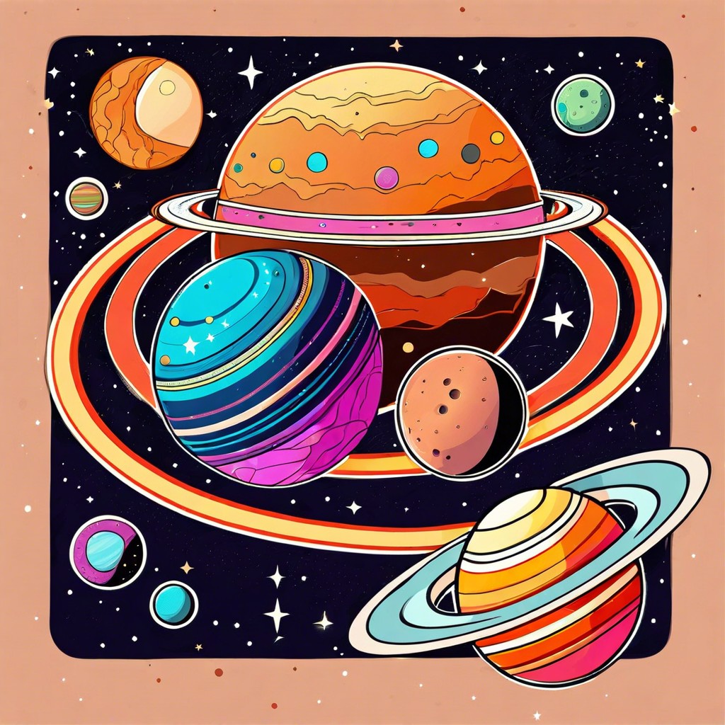 stylized planets with rings and moons