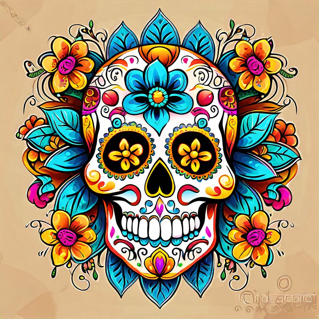 sugar skull with vibrant colors and patterns