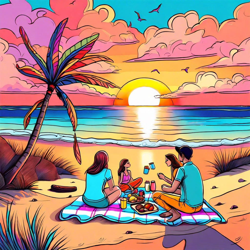 sunset beach picnic scene