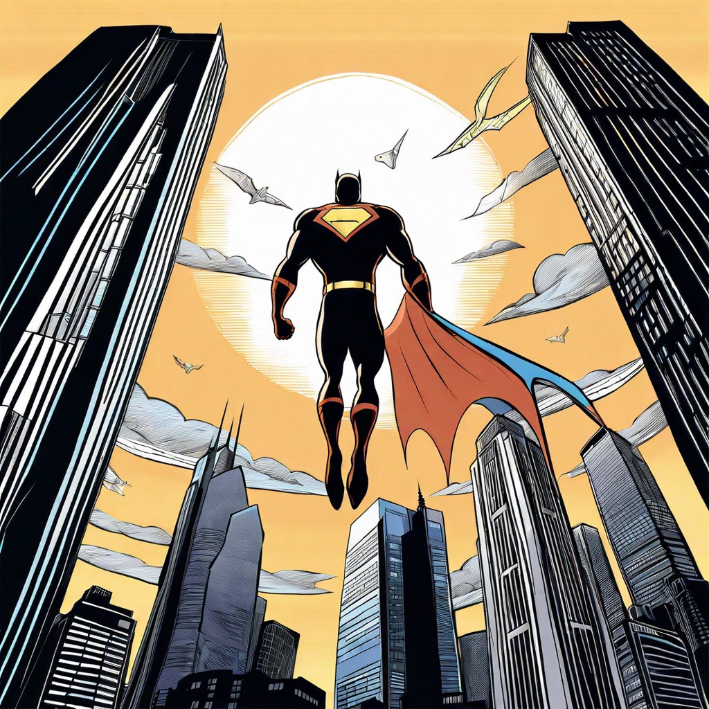superhero flying over a city skyline