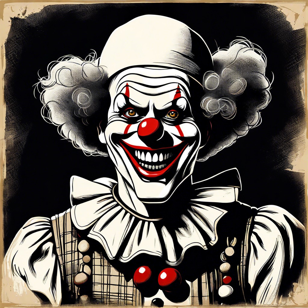 tattered old clown with a sinister grin