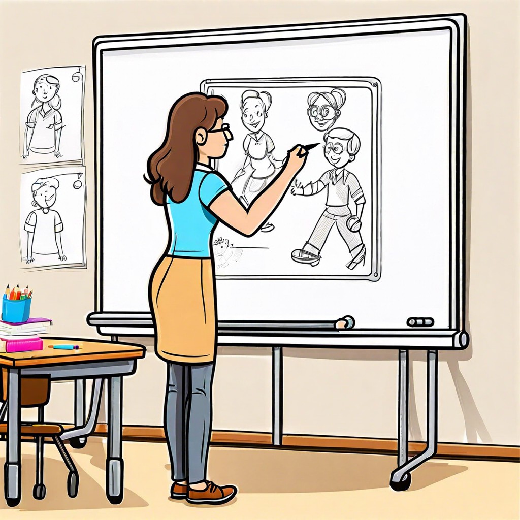teacher drawing educational cartoons