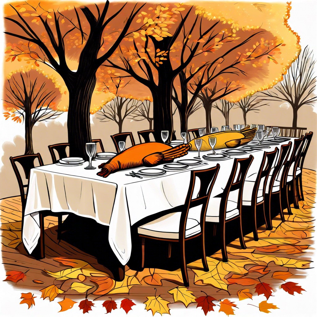 the first thanksgiving dinner with a long table under autumn trees