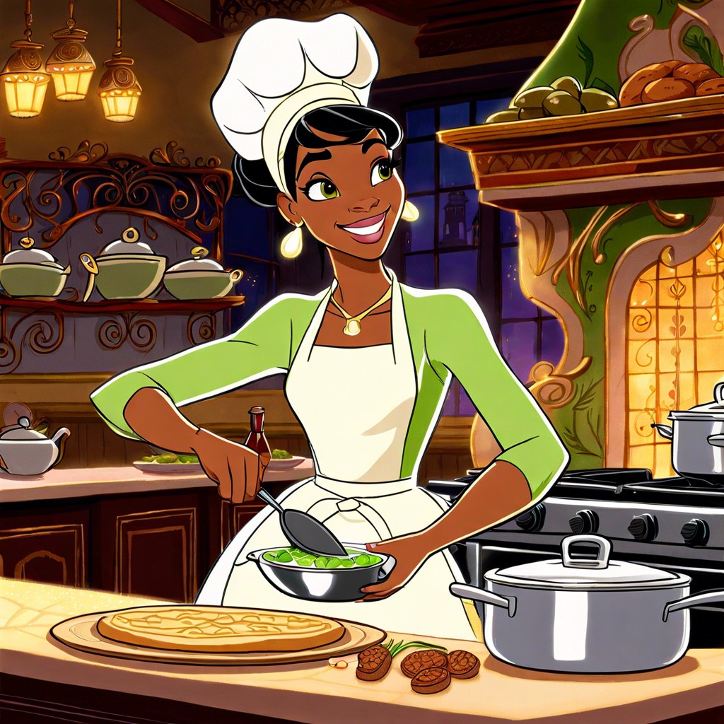 tiana cooking in her restaurant from the princess and the frog