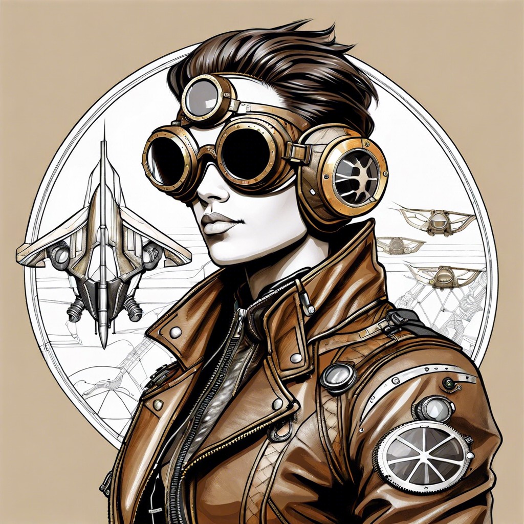 time traveling pilot in a patchwork leather jacket with futuristic goggles