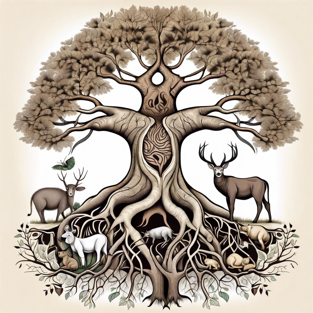 tree with deep roots and various animals among its branches
