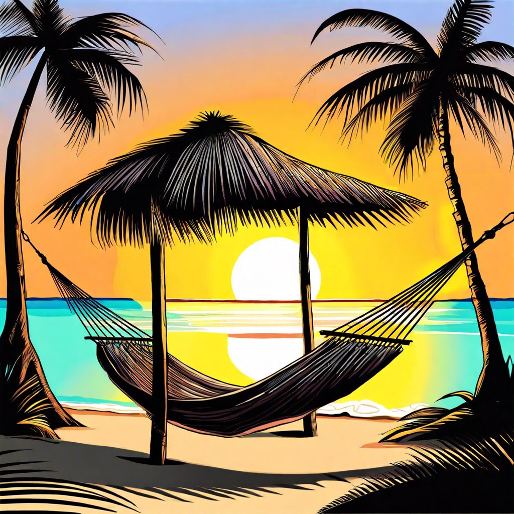 tropical beach with a hammock and tiki huts
