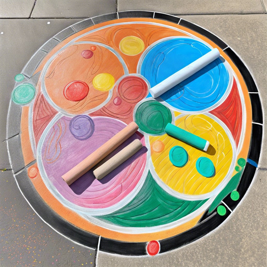 twister game with colored chalk circles