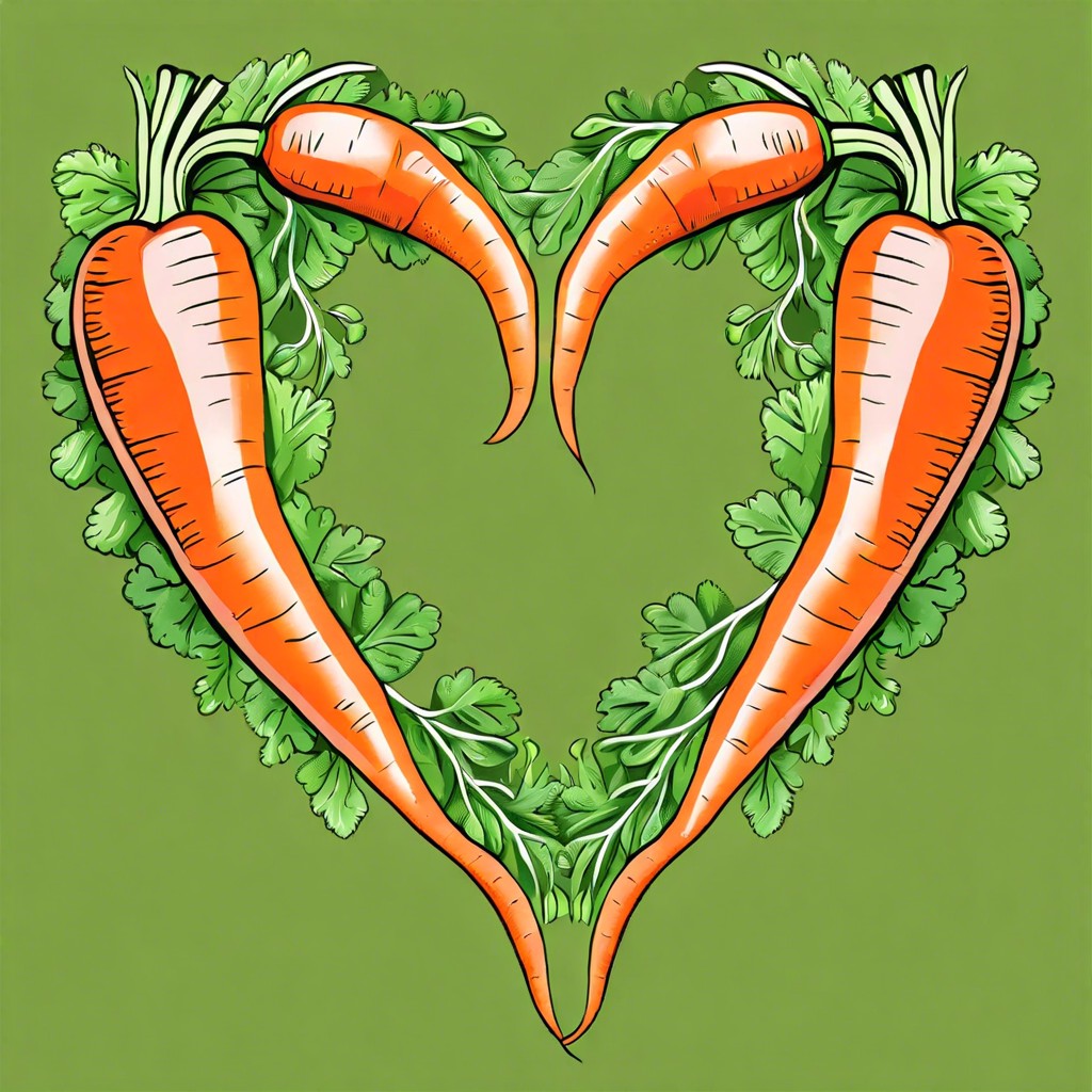 two carrots with green tops entwined to form a heart