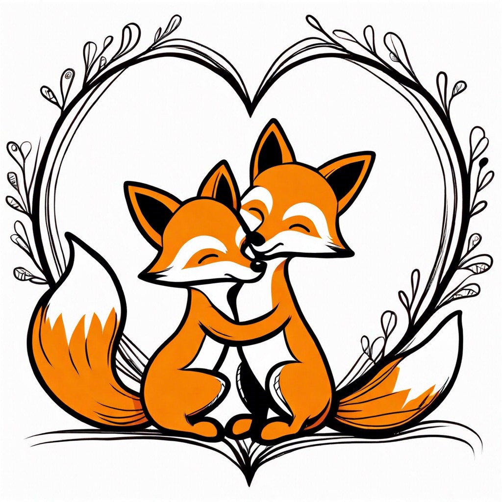 two cuddling cartoon foxes with heart shaped tails