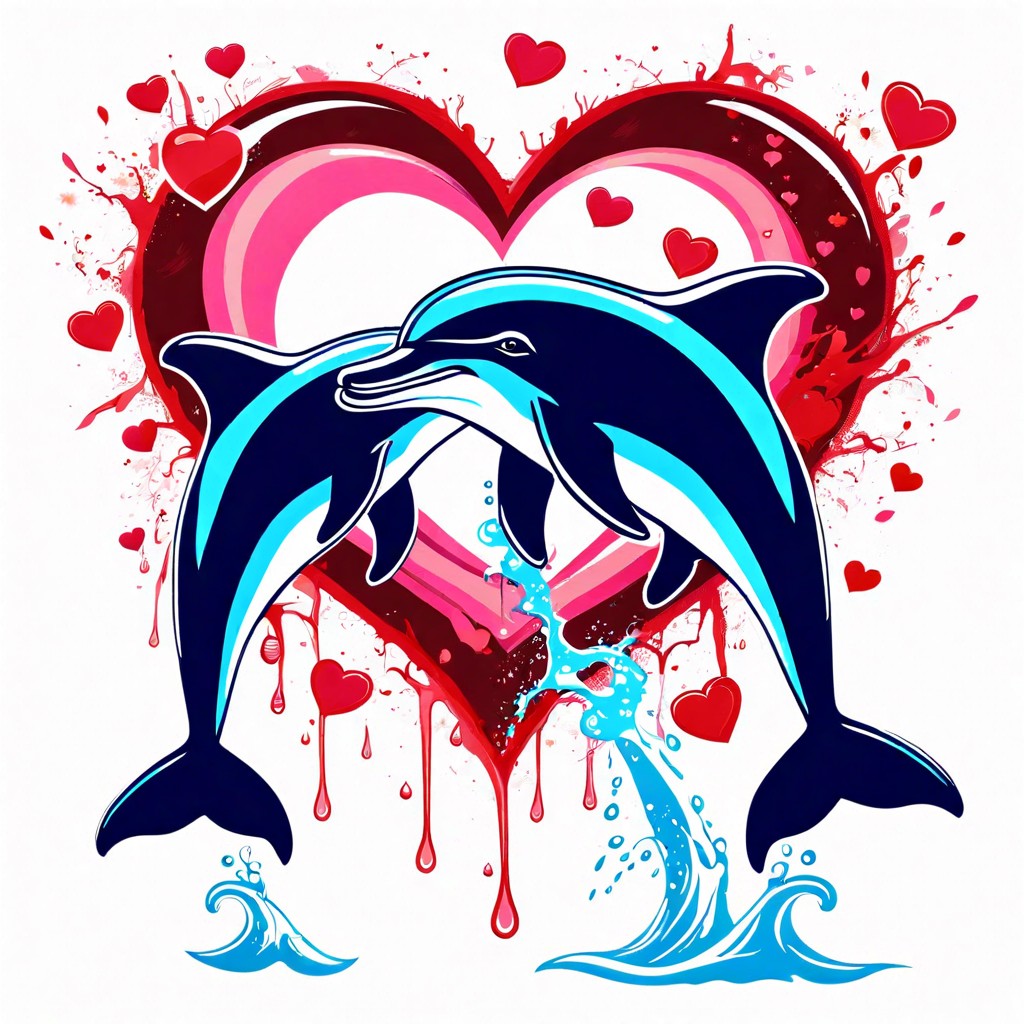 two dolphins jumping out of the water creating a heart with their splashes