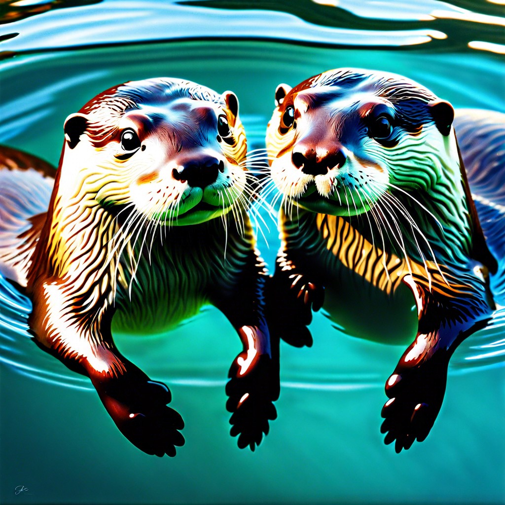 two otters holding hands while floating