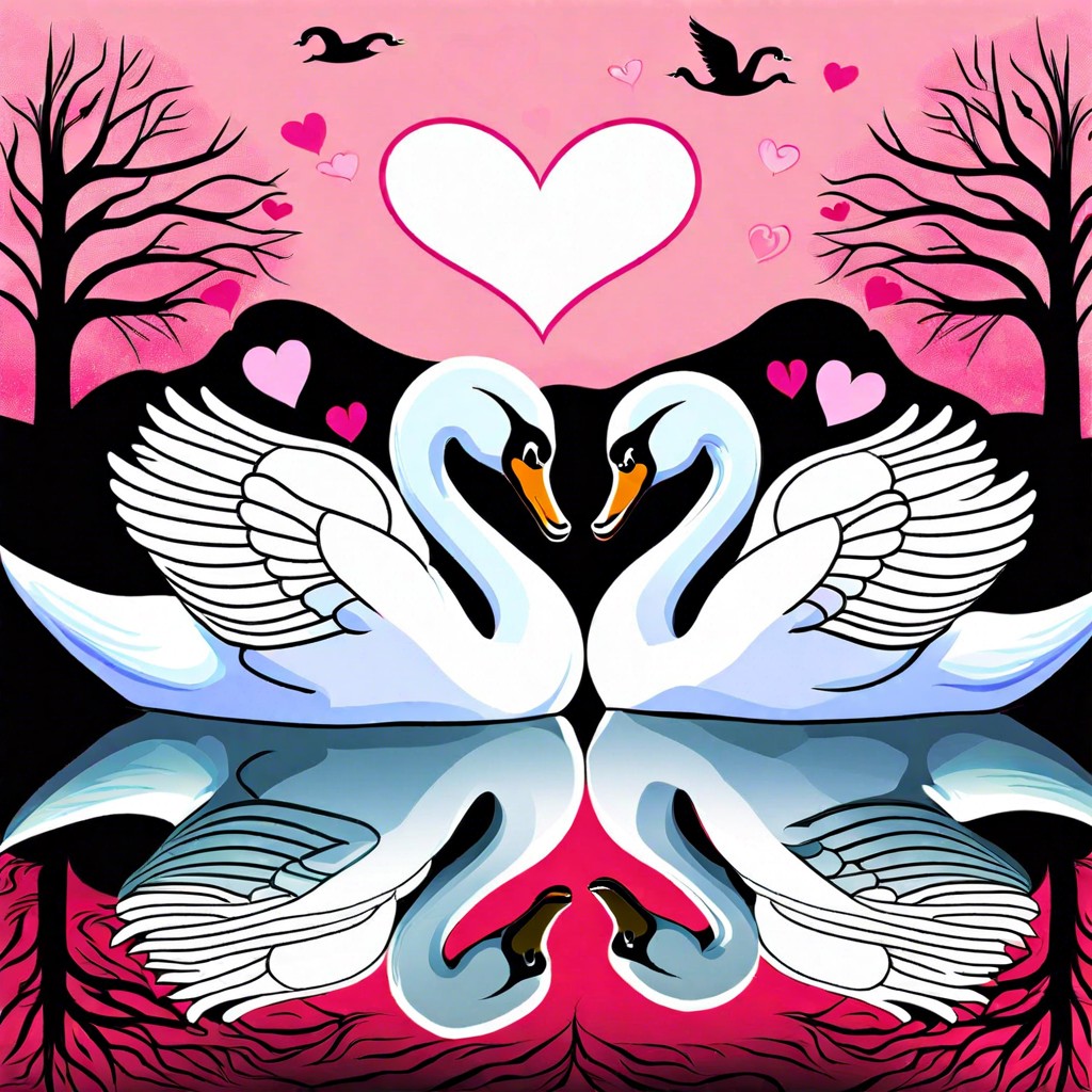 two swans forming a heart shape on a serene lake