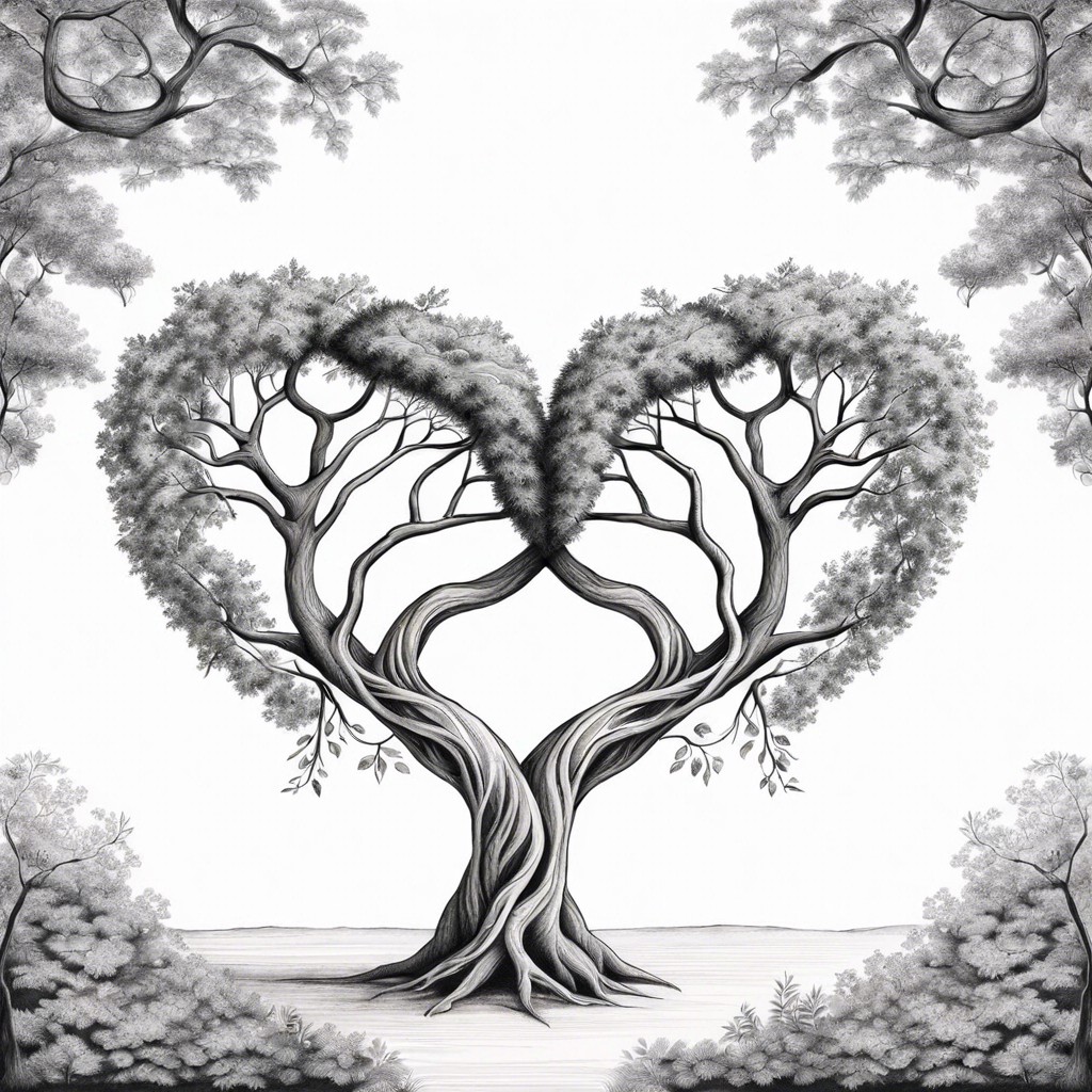 two trees with branches intertwined to form a heart