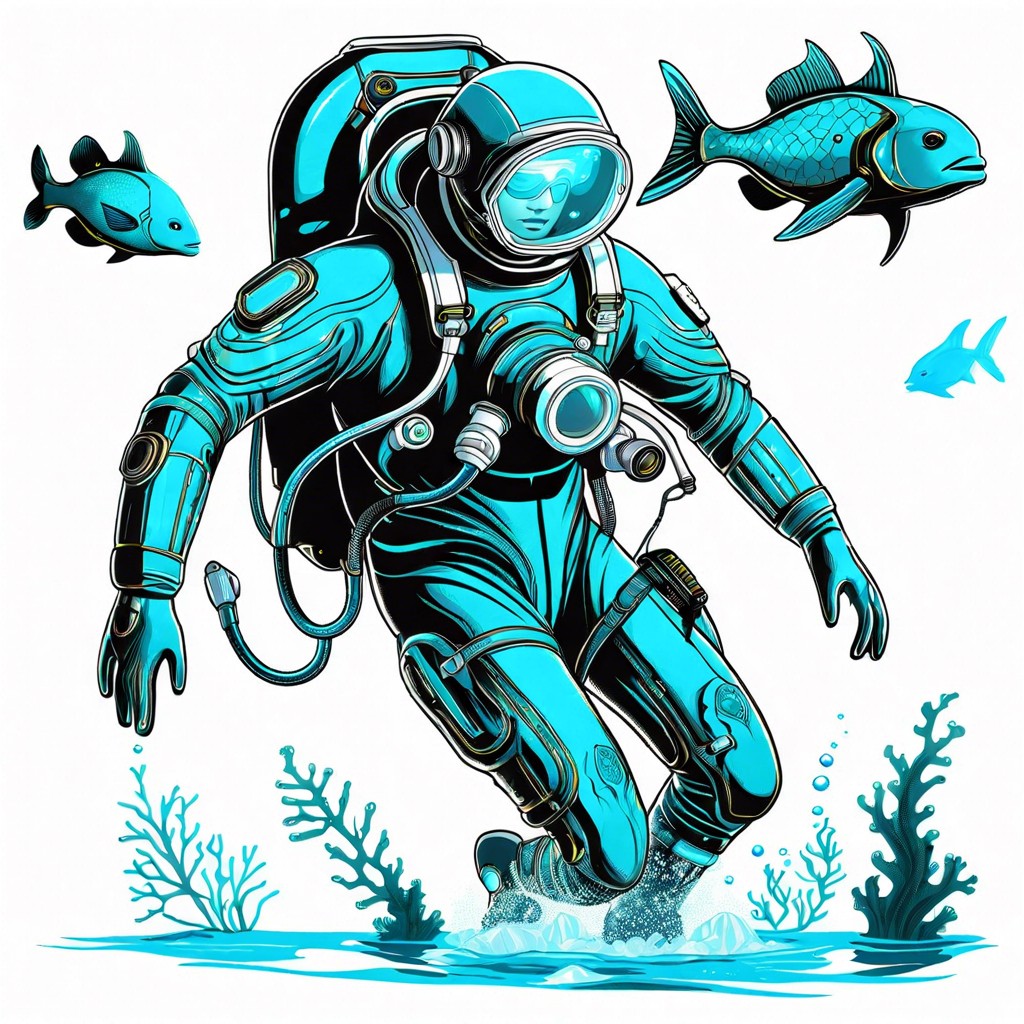 underwater explorer with a suit made from bioluminescent scales