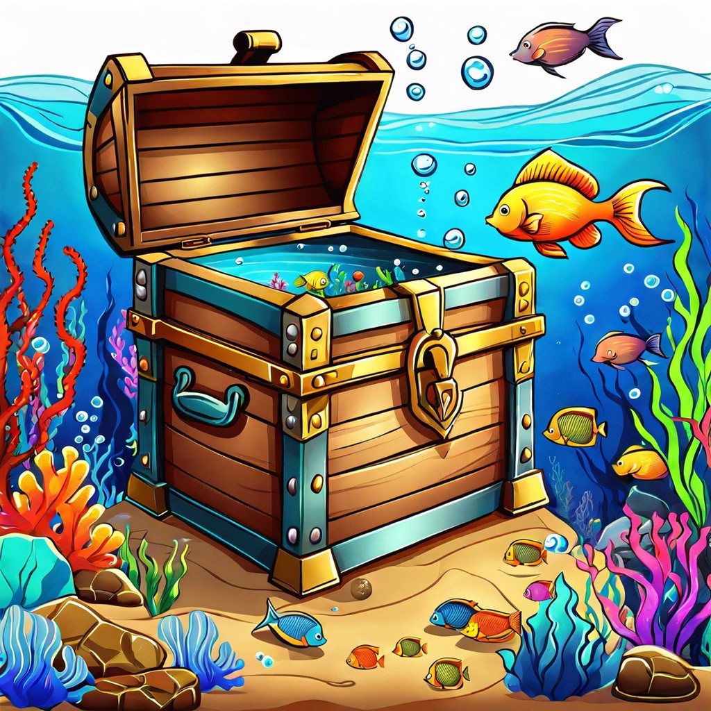 underwater scene with fish and a treasure chest