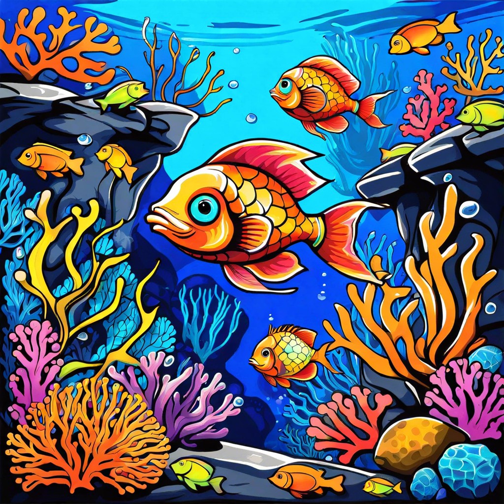 underwater scene with graffiti style fish and corals