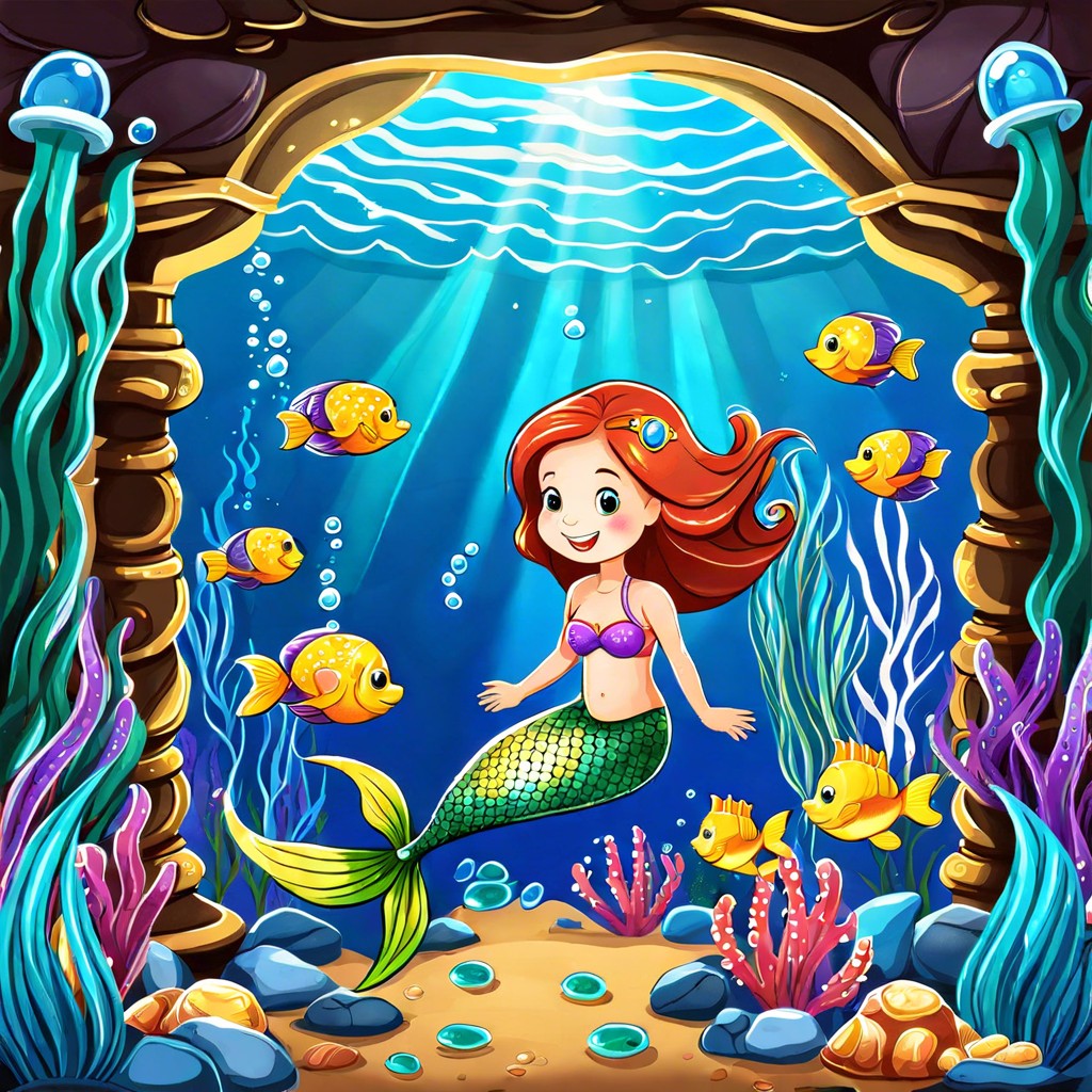 underwater scene with mermaids and treasure