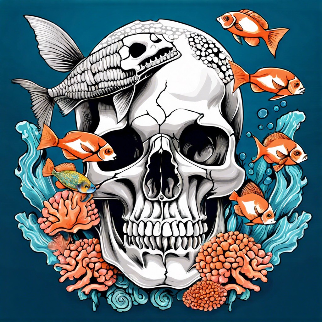 underwater skull with coral and fish surrounding it