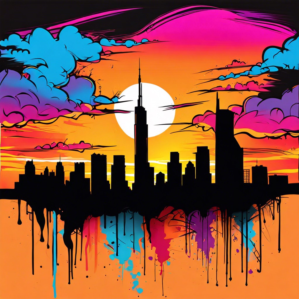 urban skyline silhouette with vibrant sunset colors