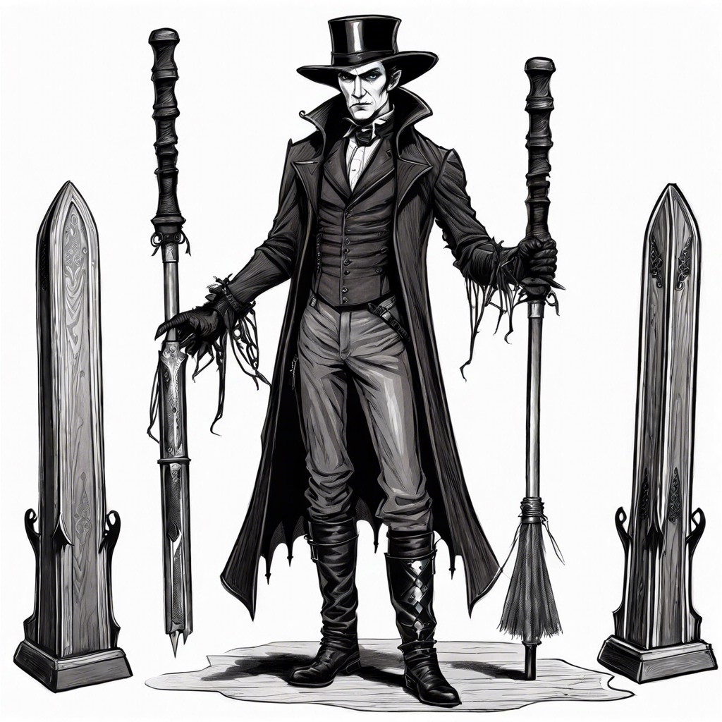 victorian vampire hunter with an array of intricate wooden stakes