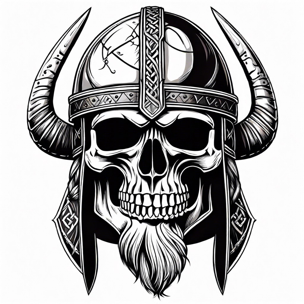 viking skull with helmet and runes carved