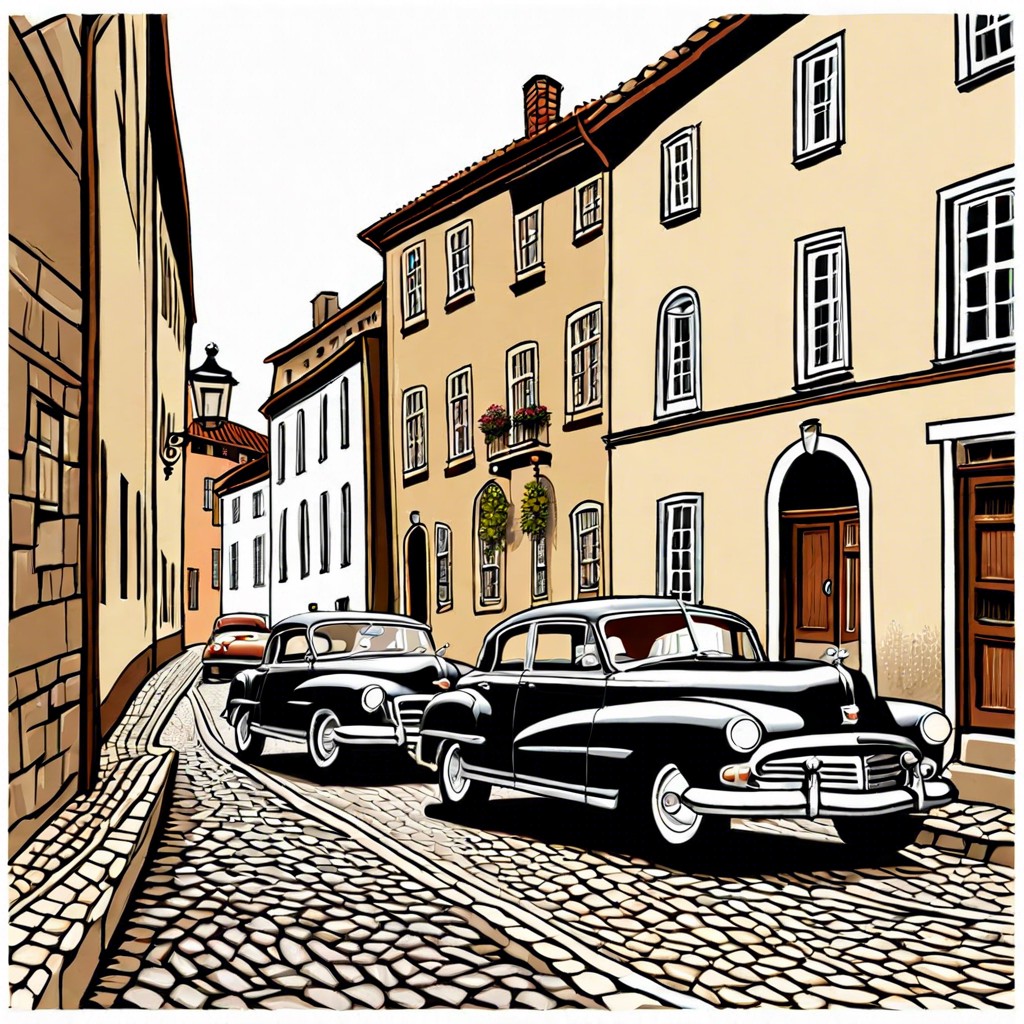 vintage cars parked along a bustling historic street