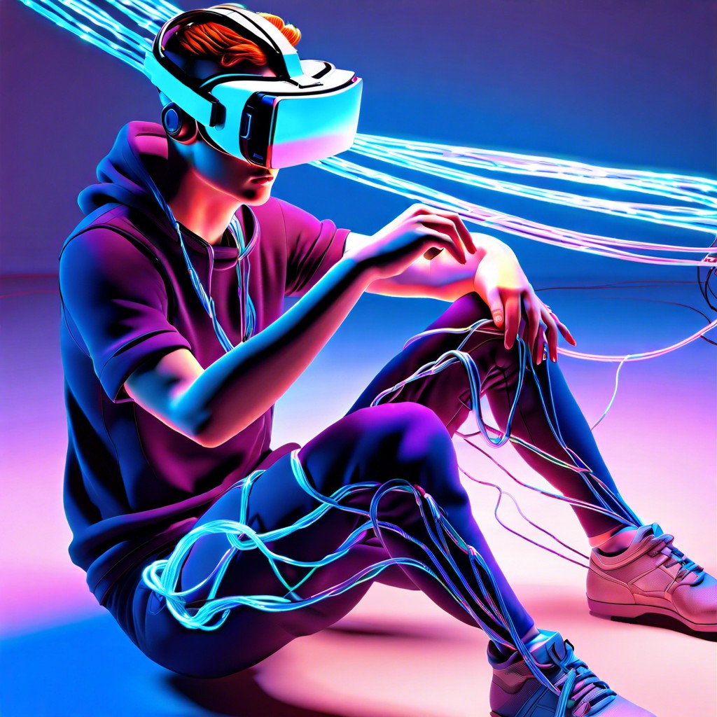 virtual reality gamer entangled in holographic wires