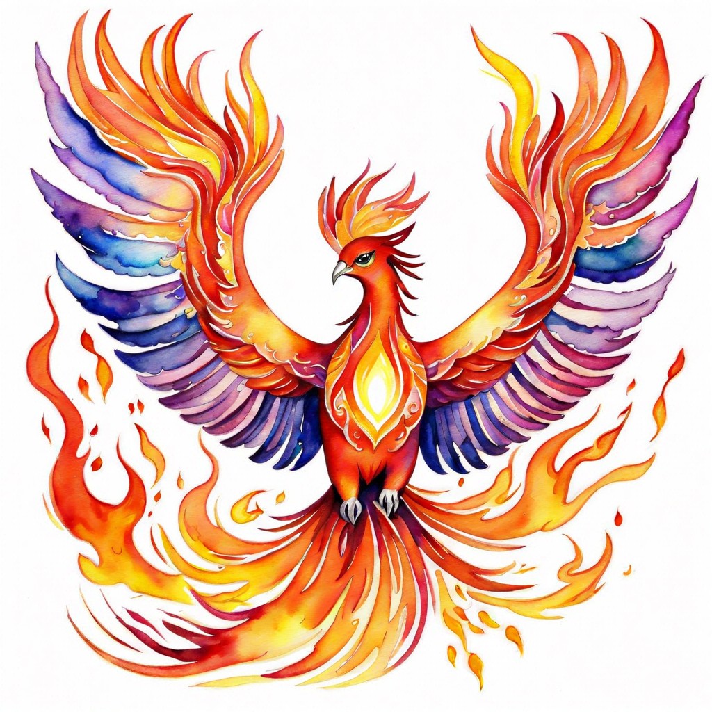 watercolor style phoenix rising from flames