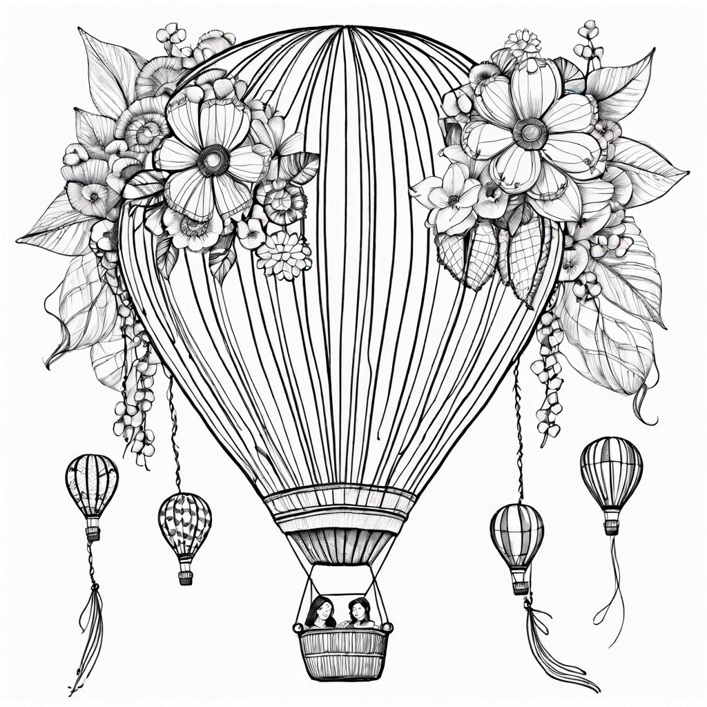 whimsical hot air balloon with dangling strings of flowers