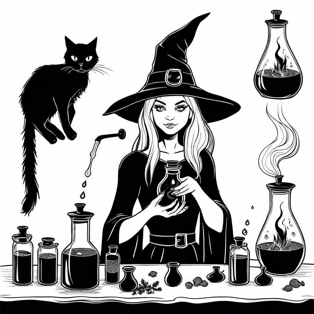 witch girl brewing potions with a black cat companion