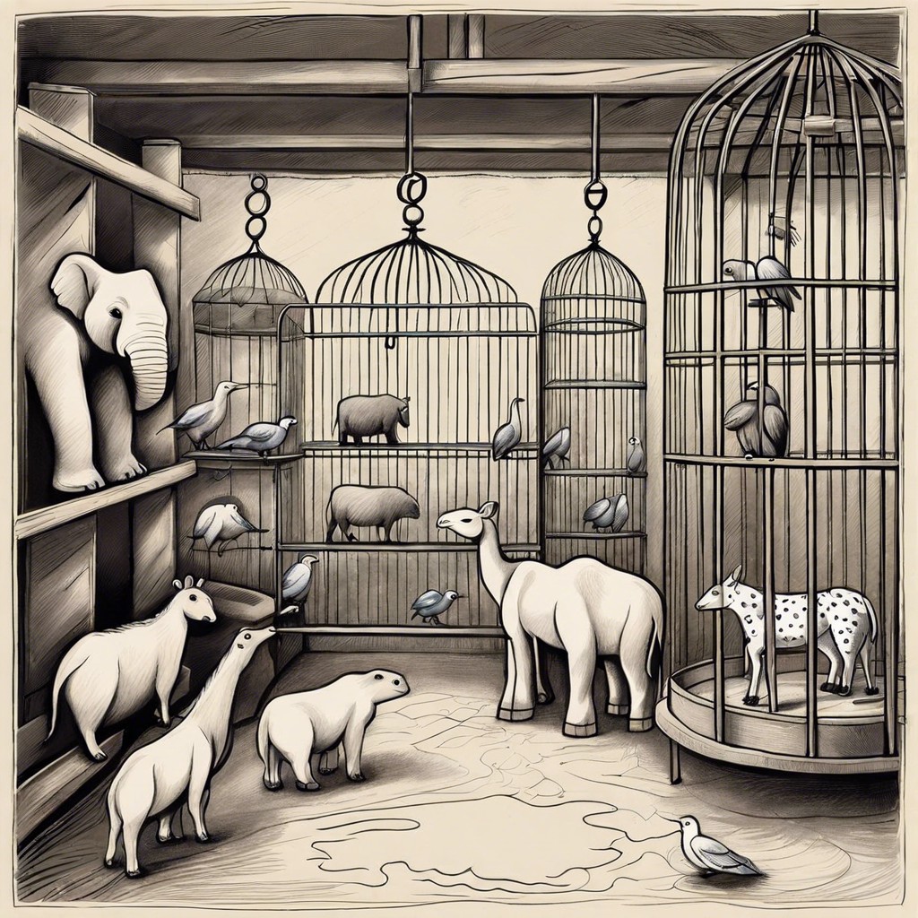 zoo scene with cages and assorted animals