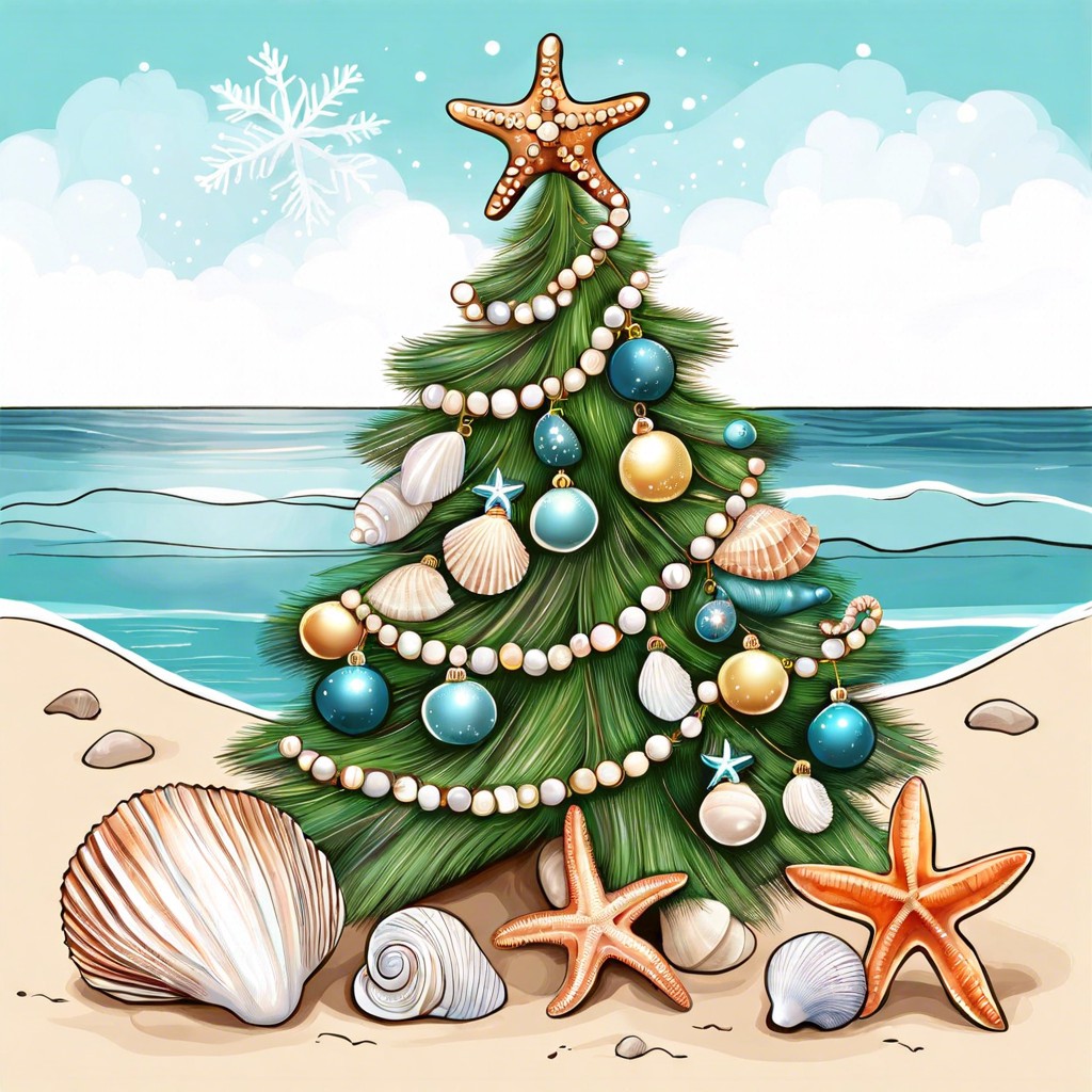 a coastal christmas tree with seashell and starfish ornaments