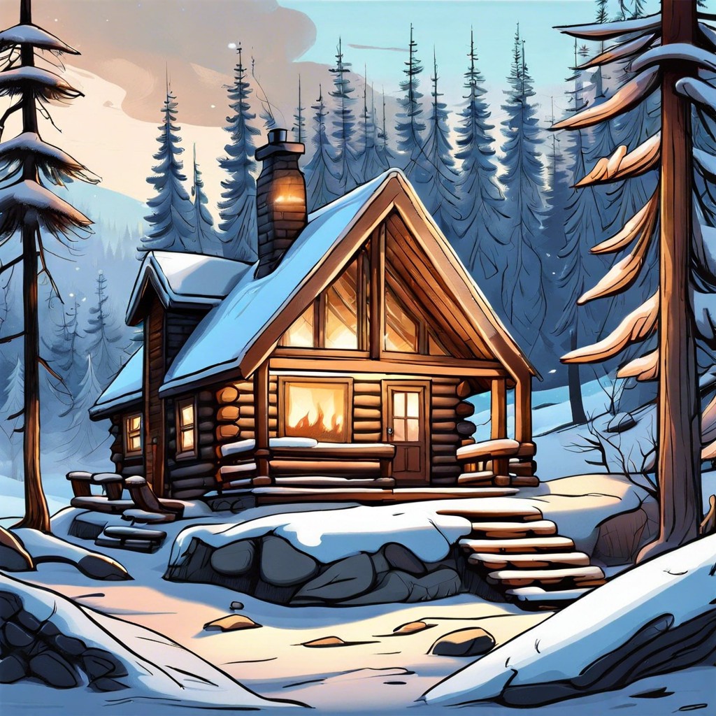 a cozy cabin with smoke coming out of the chimney in a snowy forest