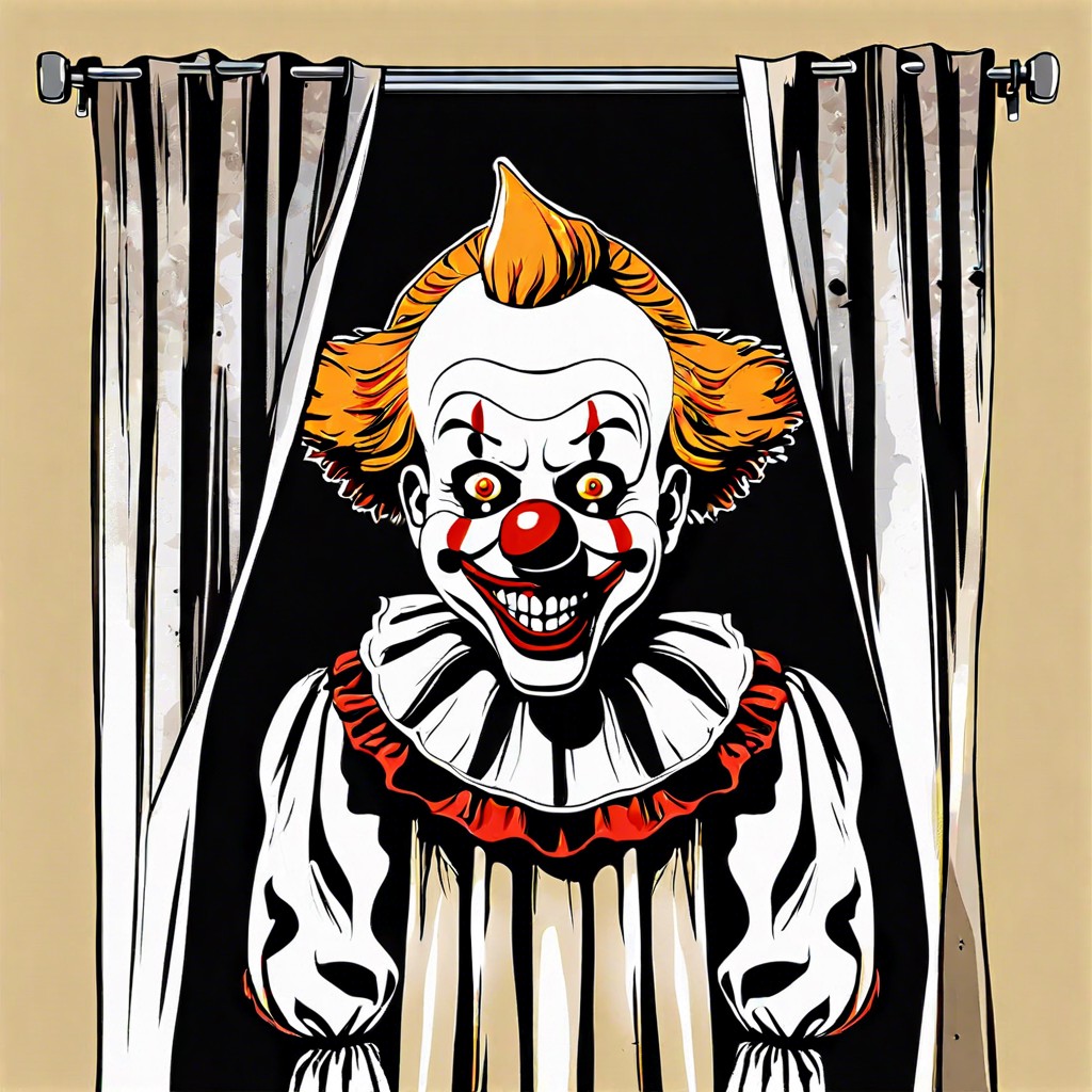 a creepy clown hiding behind a tattered curtain